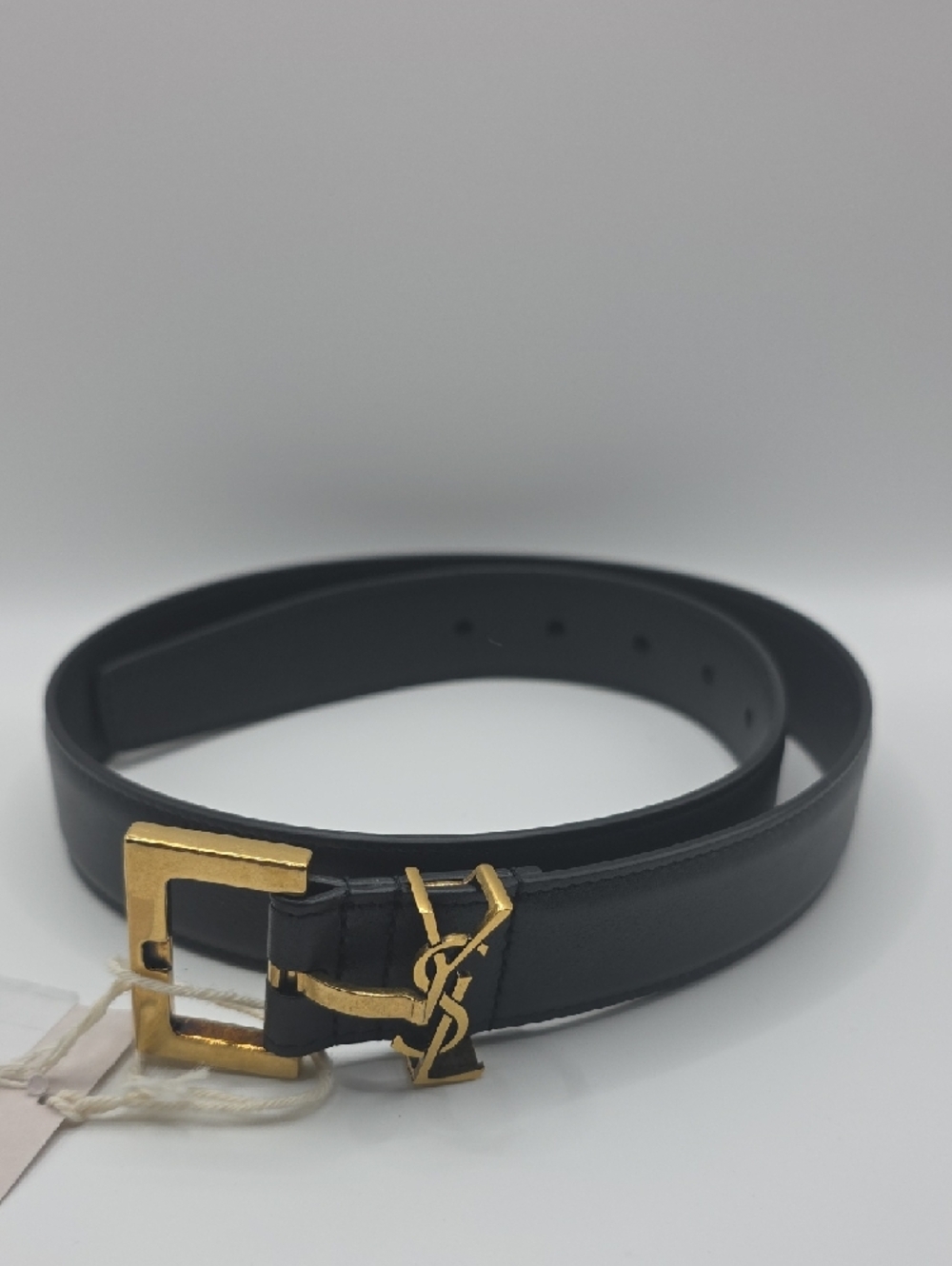 Yves Saint Laurent Black Leather Belt with Gold YSL Accent - Picture 7 of 9